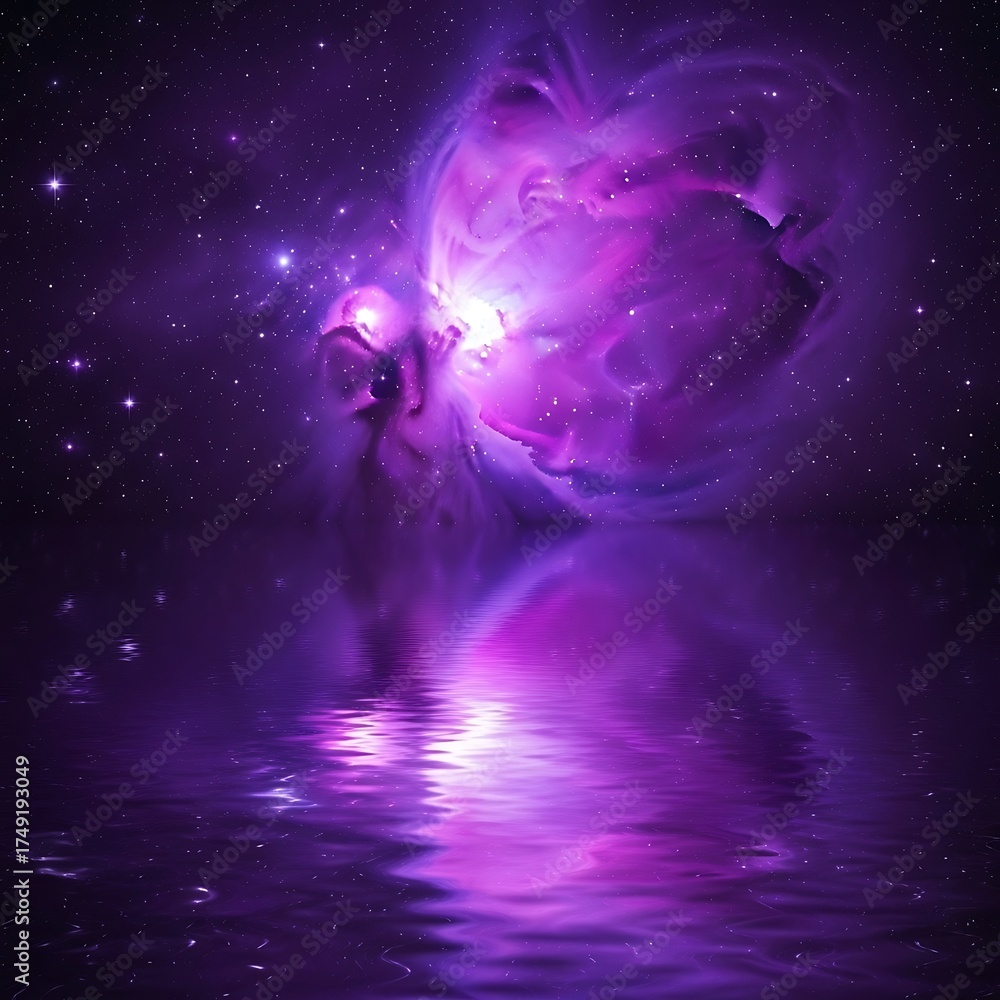 Fototapeta premium Celestial Reflection - A Purple Nebula Mirrored in Water.