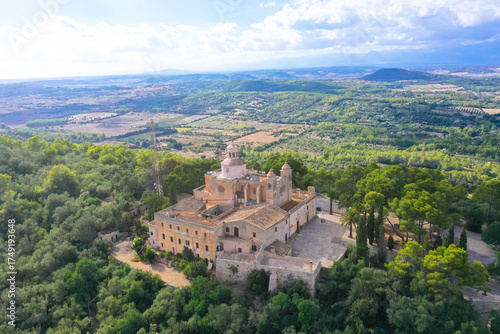 Aeril view. The Ermita de Bonany Monastery is located on a 315-meter-high mountain between Petra, Villafranca de Bonany, and Sant Joan. Mallorca, Europe