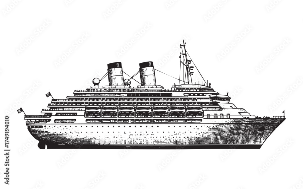 Fototapeta premium Cruise Ship, Ocean Traveling on the Sea engraving vector style