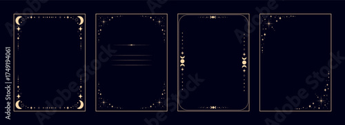 Magical Celestial Border Frame Templates set on Dark Background. Minimaillustrationlist Esoteric Card Designs with Gold Cosmic Frames for prints, posters, banners, and social media. Vector