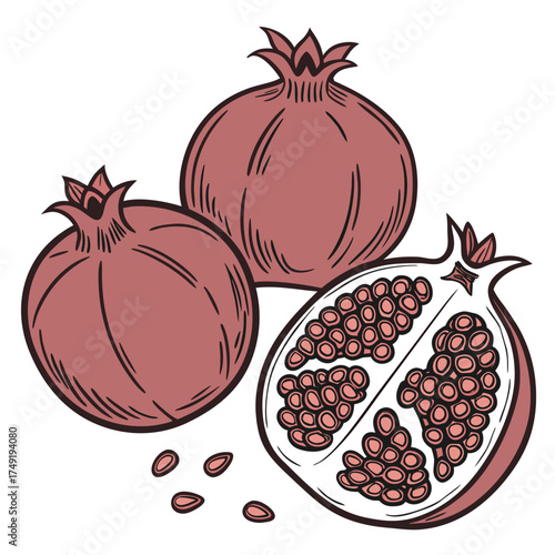Two whole pomegranates and one half open pomegranate