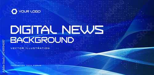 Digital news background, blue tech waves pattern, futuristic grid world map dots. For media banners, TV broadcast graphics, website headers, conference promo. Vector illustration.