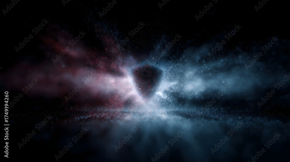 Fototapeta premium A shield shaped entity emerges from swirling red and blue particles against a dark abstract background