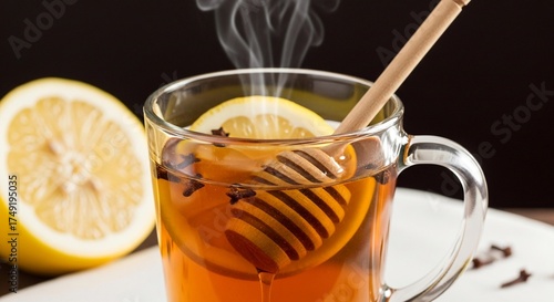A steaming mug of hot tea with lemon slices, cloves, and a honey dipper, next to a halved lemon.
