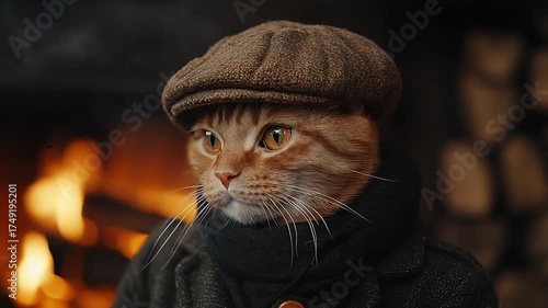 Cat in a hat in front of a fireplace.