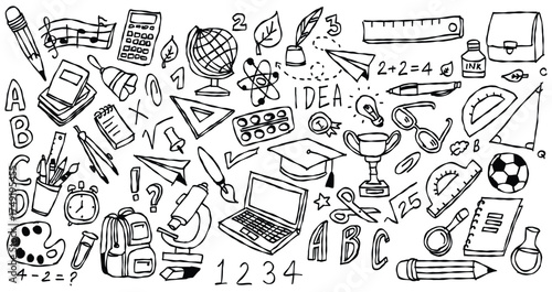 Hand-drawn school doodles of education icons and stationery set, learning supplies sketch background.