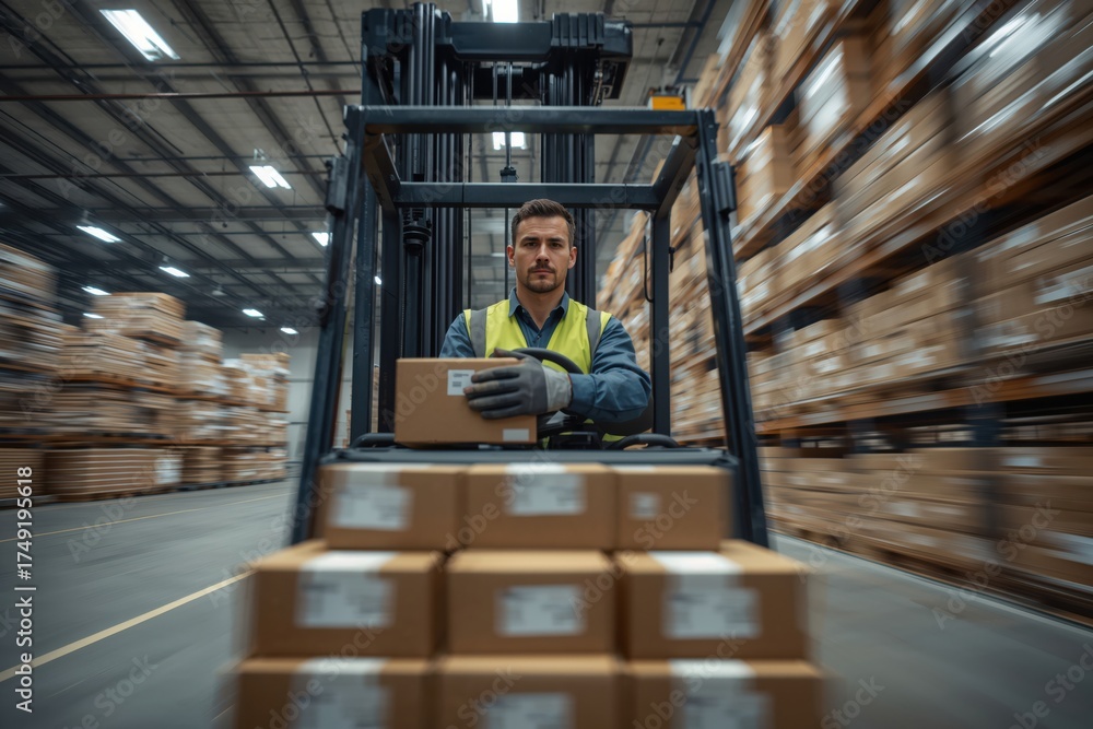 Fototapeta premium Forklift operator transporting packages in a warehouse. Fast-paced, efficient warehouse work.