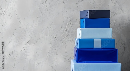 Stack of Blue Gift Boxes Against Textured Gray Wall dark blue light blue