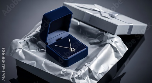 Star of David necklace in open jewelry box with gift box in background Magen David pendant