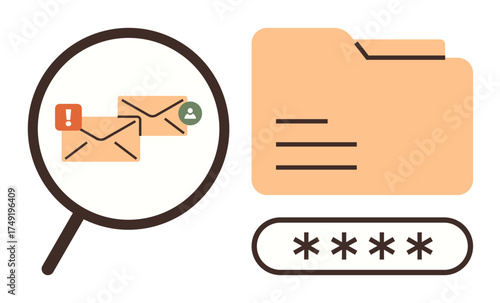 Magnifying glass highlights emails with notifications and contacts, paired with documents in a folder and password field. Ideal for cybersecurity, online safety, data protection, email management, IT