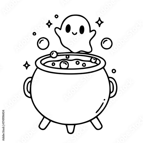 Cute ghost popping out of magic cauldron