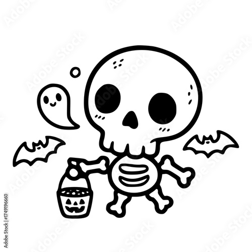 Cute skeleton with bat Halloween illustration