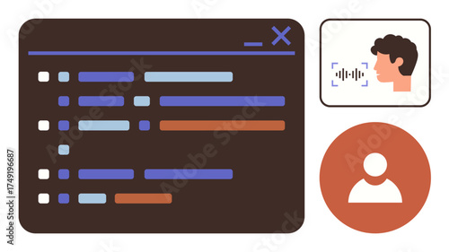 Coding interface screen paired with a voice command recognition frame and a user profile icon. Ideal for technology, coding, voice recognition, artificial intelligence, user interaction, innovation