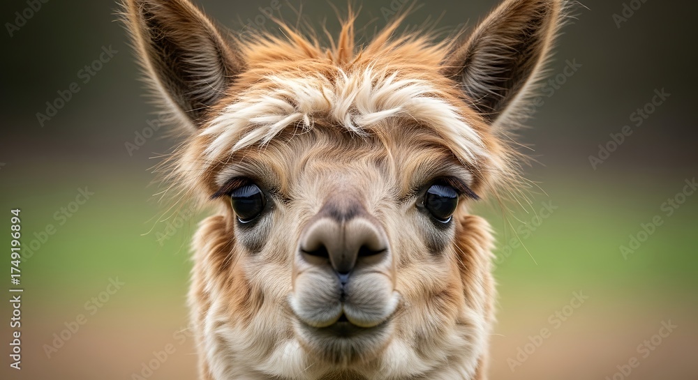 Naklejka premium Close-up Portrait of a Curious Alpaca with Soft Fur.