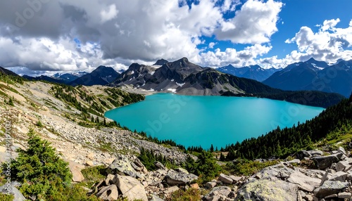 A panoramic view of a stunning glacial lake nestled amidst rugged mountains under a vast, cloud-strewn sky. The turquoise water shimmers