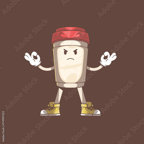 Angry Coffee Cup Character Meditating to Relax vector illustration. Drink, mascot design concept.