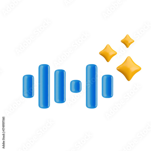 Vector cartoon 3d voice message icon. Realistic 3d render sound waveform and sparkles. Smart virtual voice assistant chat bot, smart digital audio signal recognition, voice input.