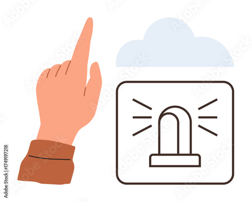 Hand gestures toward a cloud and illuminated alert icon, symbolizing cloud-based notifications. Ideal for technology, alert, cloud services, communication, IoT, emergency, simplification themes