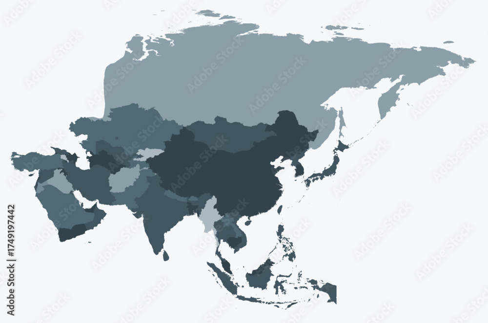 Obraz premium Map of Asia with countries. Just a simple continent border map with country division. Blue grey color palette. Plain Asia shape with administrative division. Vector illustration.