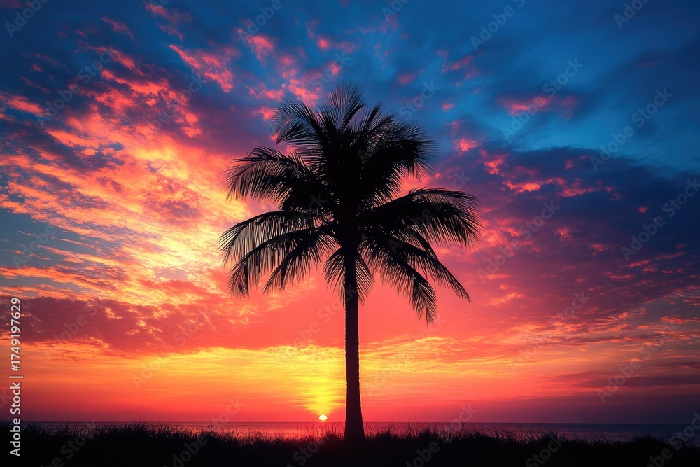 Obraz premium Tropical sunset. Palm tree silhouette against vibrant sky. Fiery orange, red, blue clouds paint serene ocean backdrop. Gorgeous coastal view.