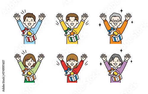 プレゼントが当たって喜ぶ、いろいろな年齢の人物の上半身ベクターイラスト素材セット＿カラー