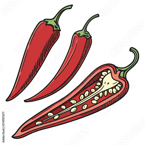 Two whole red chili peppers and one sliced chili pepper 1
