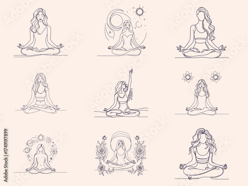 Minimalist Line Art of Woman Meditating in Lotus Pose - Yoga, Mindfulness, and Spiritual Balance Illustration