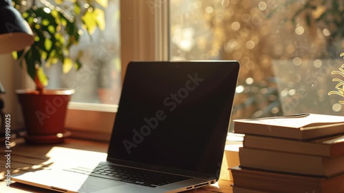 Wallpaper Mural Laptop computer book stack on wooden desk with sunlight plant workspace window lamp Torontodigital.ca