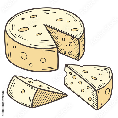 Whole cheese wheel and two wedges with holes dairy