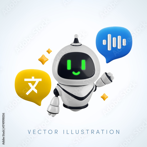 Vector cartoon 3d Automatic language translation chat bot. 3d render robot character, foreign language and voice message speech bubble. Smart translation, localization technology.