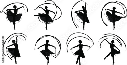 Silhouette of graceful rhythmic gymnasts performing ribbon dance movements, elegant women in motion, balance, fitness, art, sport, and beauty illustration