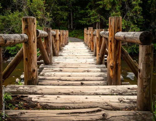 A rustic wooden bridge spans a shallow stream, leading into a lush, green forest. Its simple design is striking against the natural backdrop