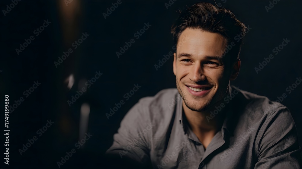 Obraz premium A man smiling confidently in a studio wearing a grey shirt with soft lighting and a dark background