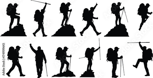 Silhouette of hikers celebrating mountain climbing success, adventure trekking vector illustration, outdoor travel exploration design, nature expedition artwork collection