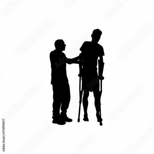 Physical therapist assisting stroke survivor with balance silhouette on white background isolated on white background