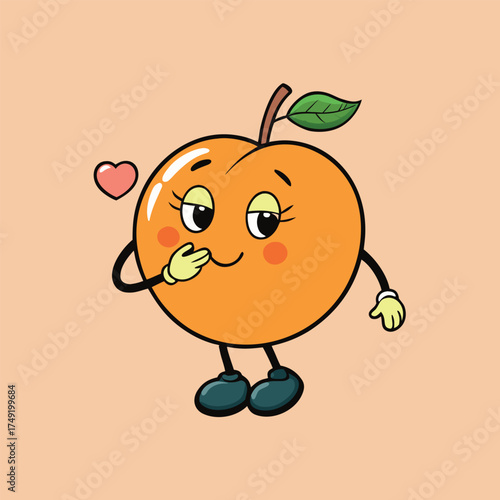 Cartoon peach character winking and blowing a kiss with a heart