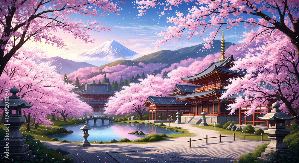 Fototapeta premium japanese garden with cherry blossoms