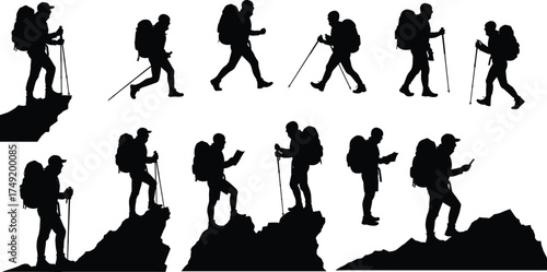 Silhouette of hikers climbing mountains, trekking adventure vector illustration, outdoor travel concept, backpacker exploration design, nature expedition artwork collection