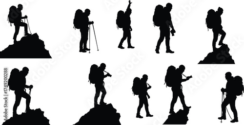 Silhouette of hikers standing on mountain peaks, trekking adventure vector illustration, outdoor exploration design, travel climbing artwork, nature expedition concept
