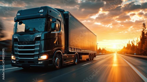Black truck vehicle driving on highway road at sunset with dramatic glowing sky and motion blur