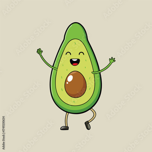 Happy cartoon avocado with pit as belly button dancing