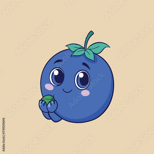 Cute cartoon blueberry with blushing cheeks holding a leaf