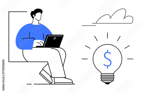 Man working on a laptop while contemplating a financial concept symbolized by a lightbulb marked with a dollar sign. Ideal for business, creativity, startup, finance, entrepreneurship, innovation