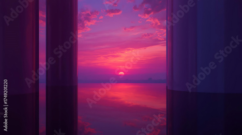 Peaceful evening sky reflected on calm pink and purple water