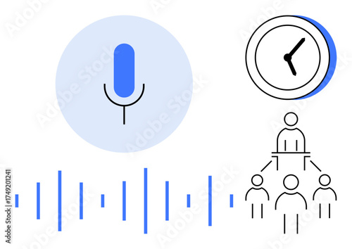 Microphone with sound waves, analog clock, and organizational hierarchy icons. Ideal for productivity, digital communication, voice technology, time tracking, remote work leadership teamwork. Flat