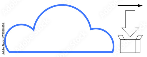 Blue cloud outline with an arrow pointing to an open box, showing cloud data backup or download. Ideal for concepts thumbs up digital storage, cloud computing, technology, data transfer, file saving