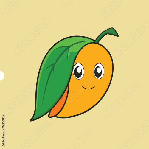Cute cartoon mango peeking from behind a green leaf 1
