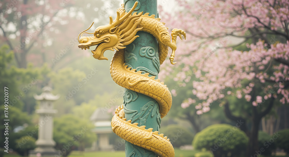 Fototapeta premium Golden dragon sculpture entwined around a pole in pink blossom garden 