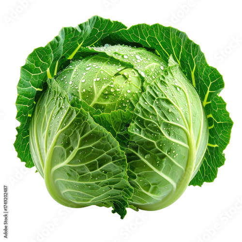A vibrant green cabbage head, showcasing fresh leaves with water droplets