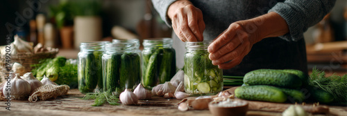 A close-up of hands packing cucumbers into glass jars with dill and garlic on a blurred rustic kitchen background.